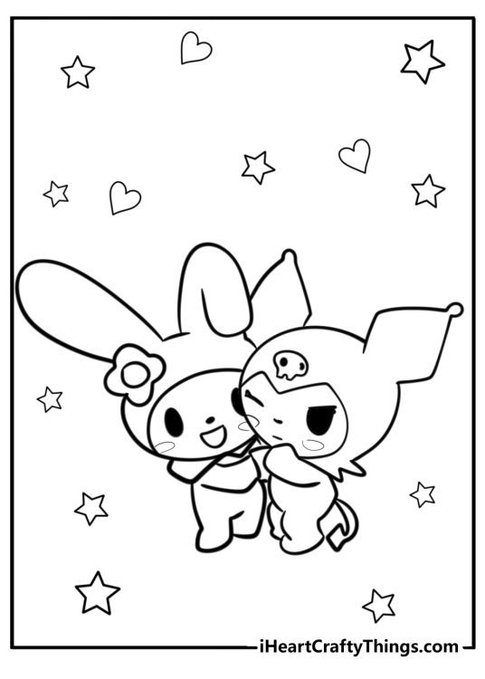 Printable page of a Kuromi and My Melody hugging each other with stars and hearts surrounding them