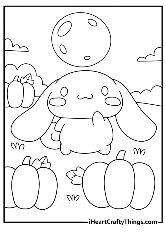 printable sanrio scene featuring cinnamoroll exploring a pumpkin patch