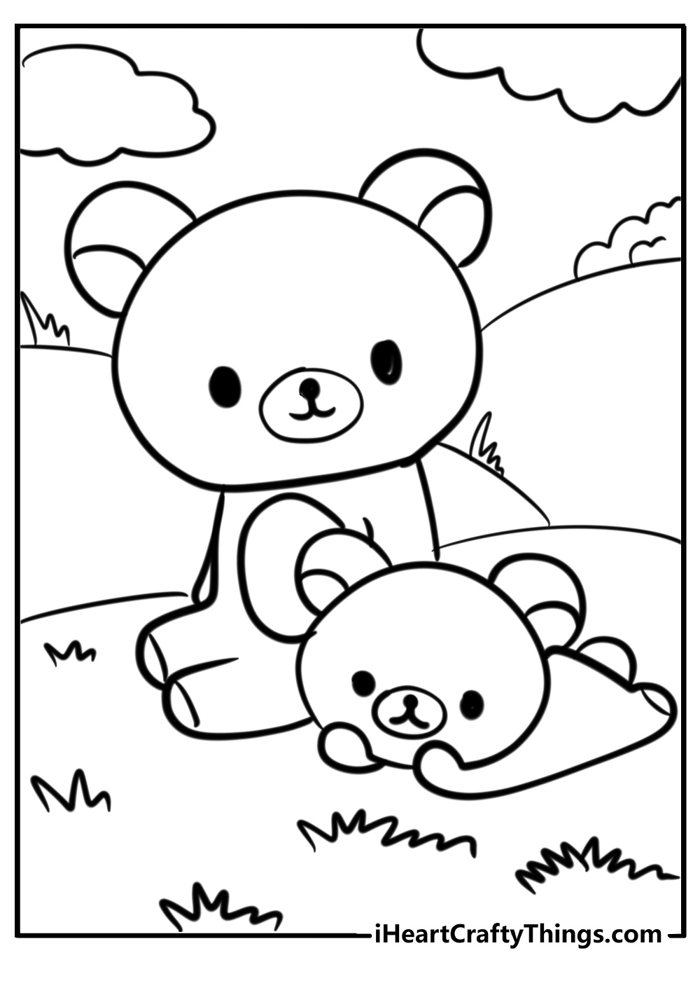 Cinnamoroll-themed coloring picture featuring two Rilakkuma bears on a field with hills in the horizon