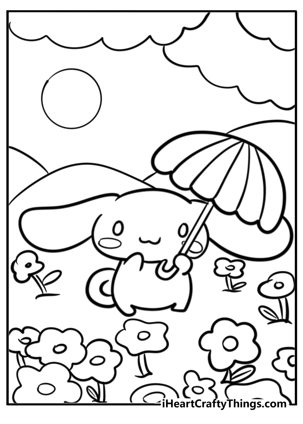 Free coloring sheet presenting Cinnamoroll walking with his umbrella on a sunny day surrounded by flowers