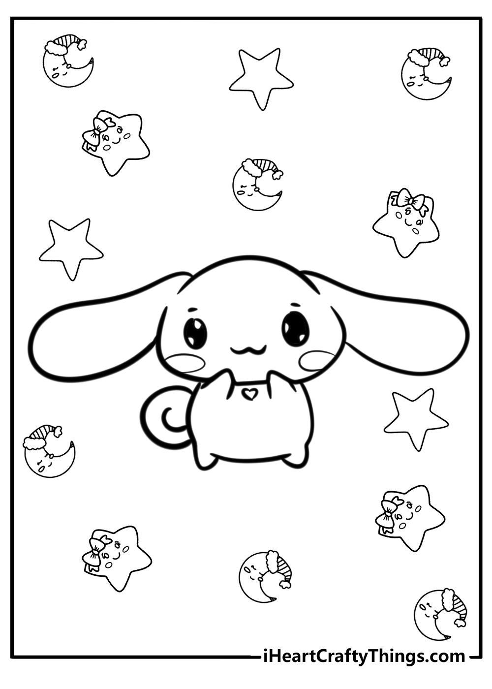 Free printable picture featuring cute Cinnamoroll surrounded by cartoony stars and moons