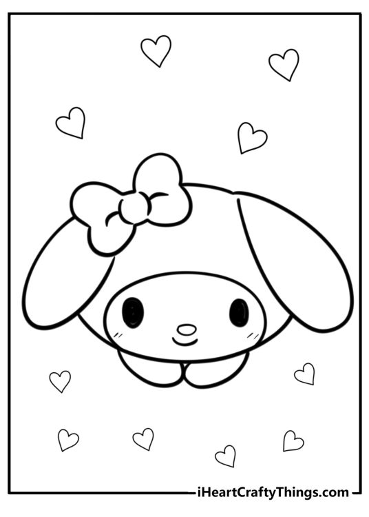My Melody coloring picture featuring a look from the top onto My Melody who stands with the head up