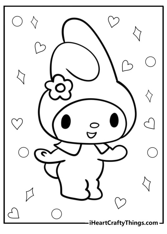 My Melody coloring page featuring her looking very happy with arms widely spread