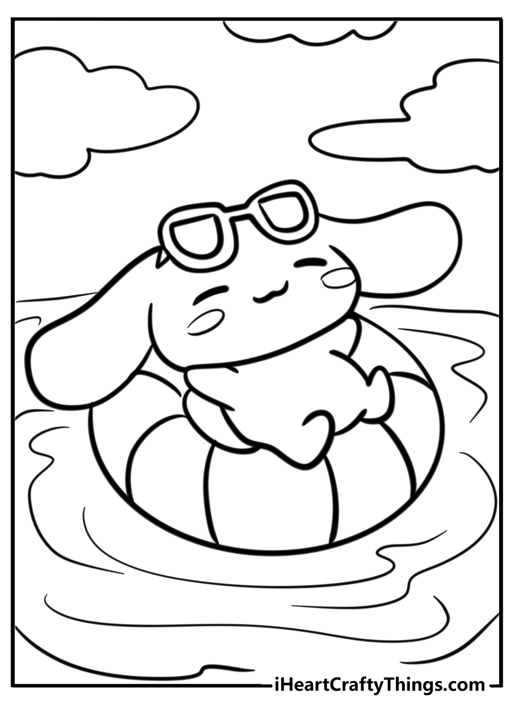 Cinnamoroll coloring page featuring him floating in a water on an inflatable float