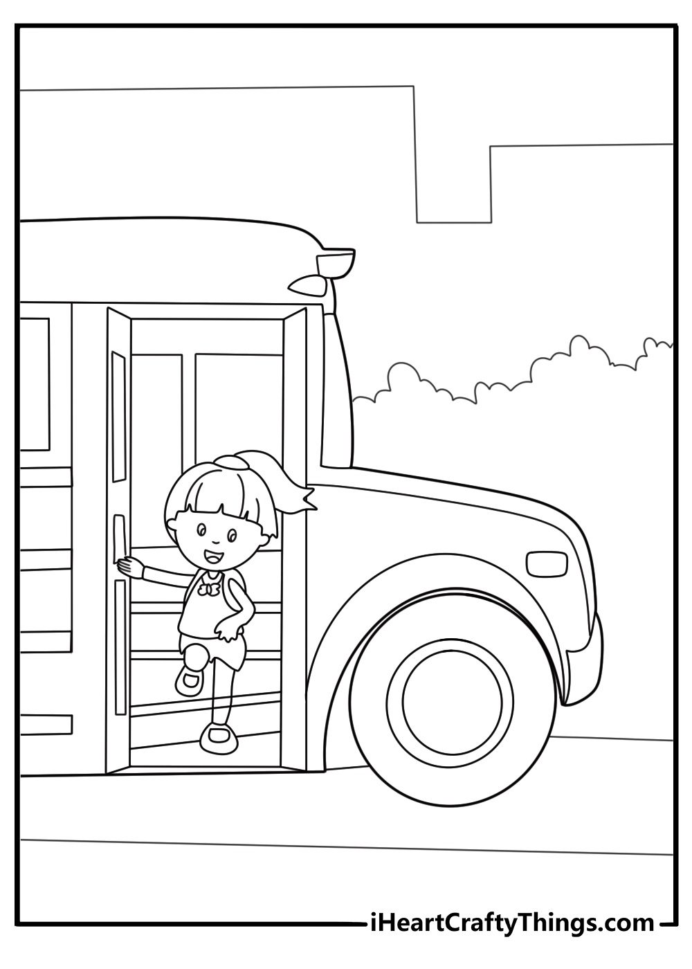 scene for back to school coloring page with kids stepping off the school bus