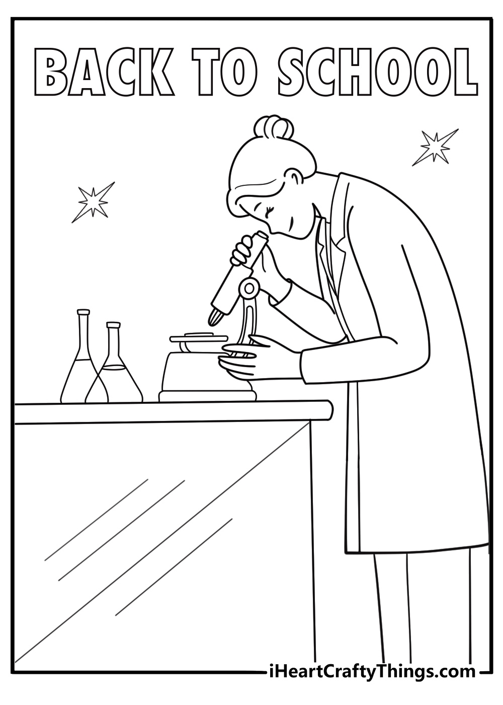 scene for back to school coloring sheet featuring a science lab with flasks and microscopes