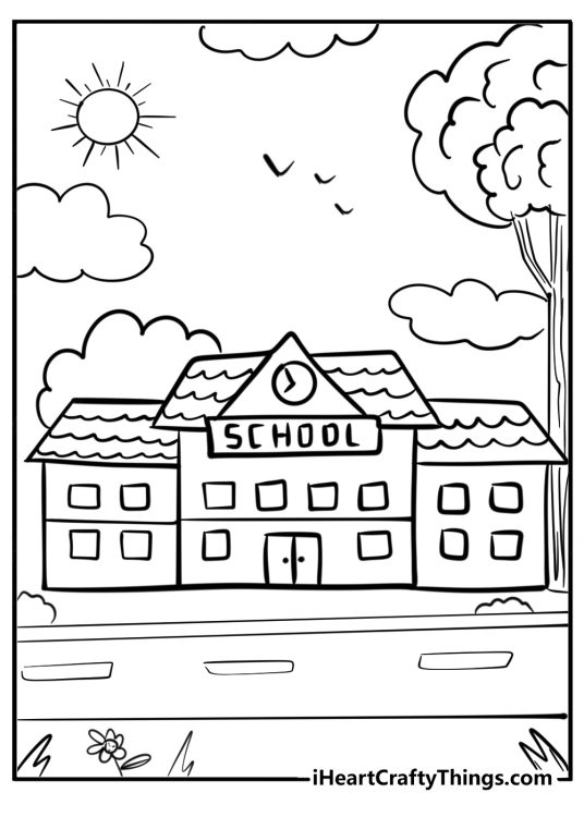 Back to school coloring page for children depicting large school building on a sunny day
