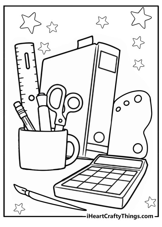 Back to school-themed printable coloring sheet depicting organised school supplies