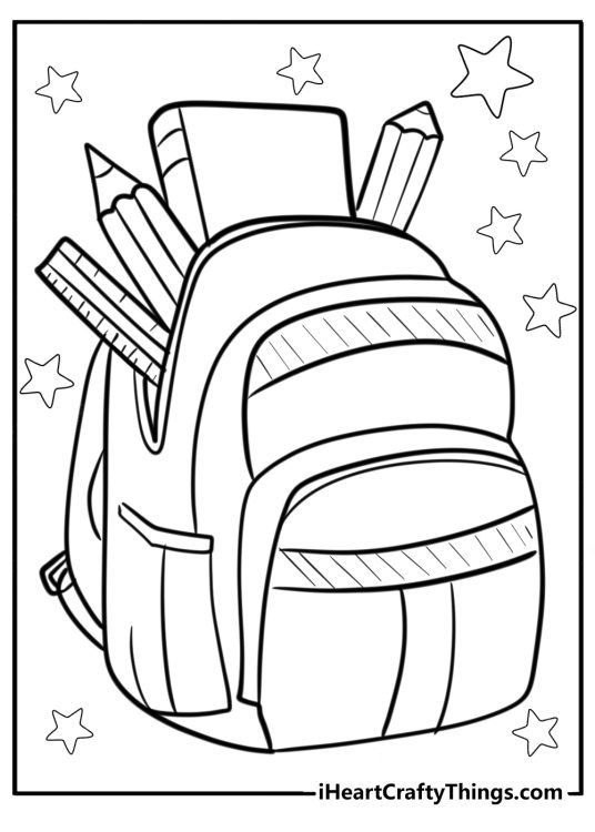 Back to school printable coloring sheet featuring school bag packed with supplies and stars in the background