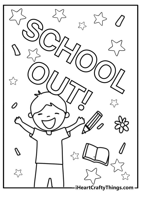 Back to school-themed poster featuring excited kid surrounded by stars and SCHOOL OUT phrase