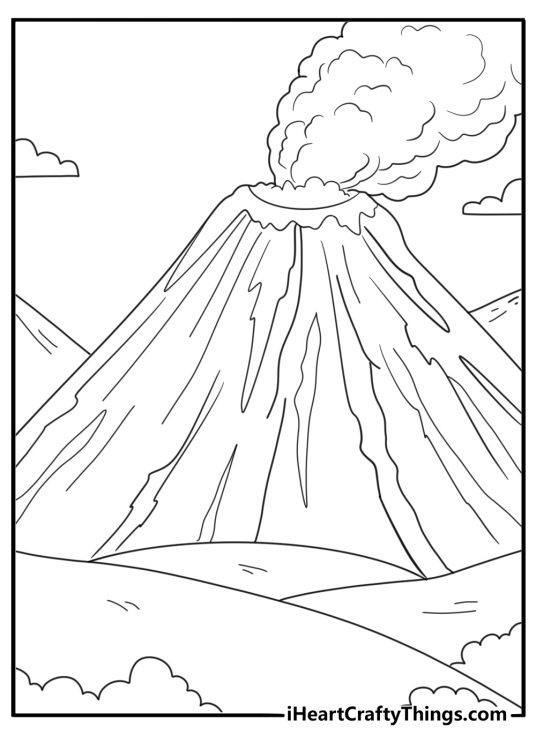 shield volcano coloring page broad low mountain with slow lava vents for kids
