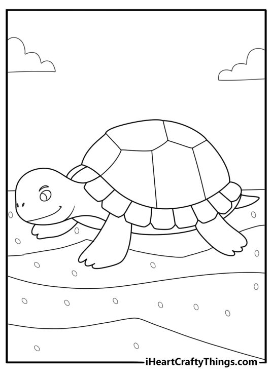 simple animal coloring sheet showing a turtle walking on sand