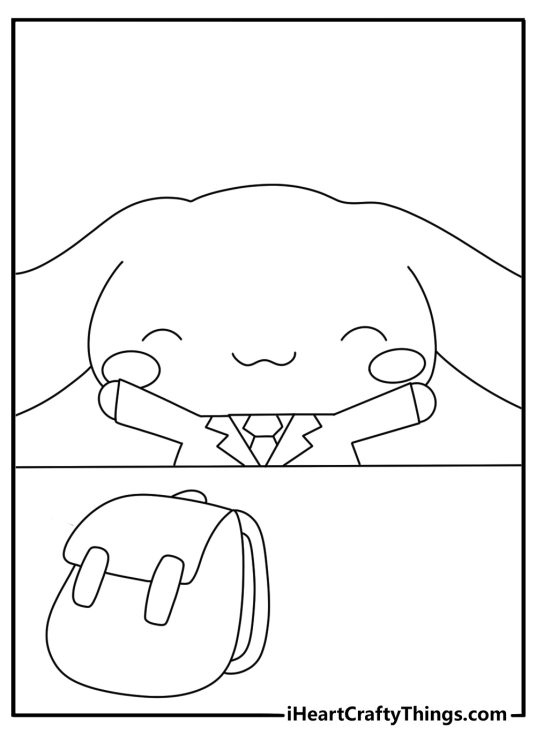 small backpack rests beside cinnamoroll at his school desk