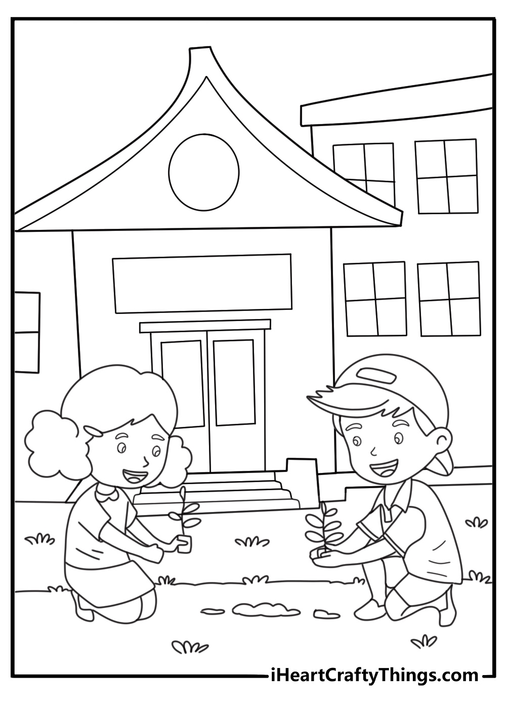 spring back to school coloring sheet showing children planting flowers in front of school