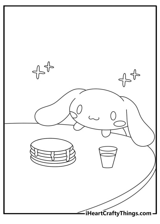 stack of pancakes sits beside cinnamoroll in this breakfast coloring page