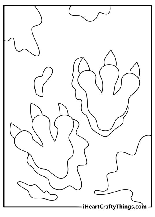 t rex coloring page with a dinosaur footprint trail across muddy ground