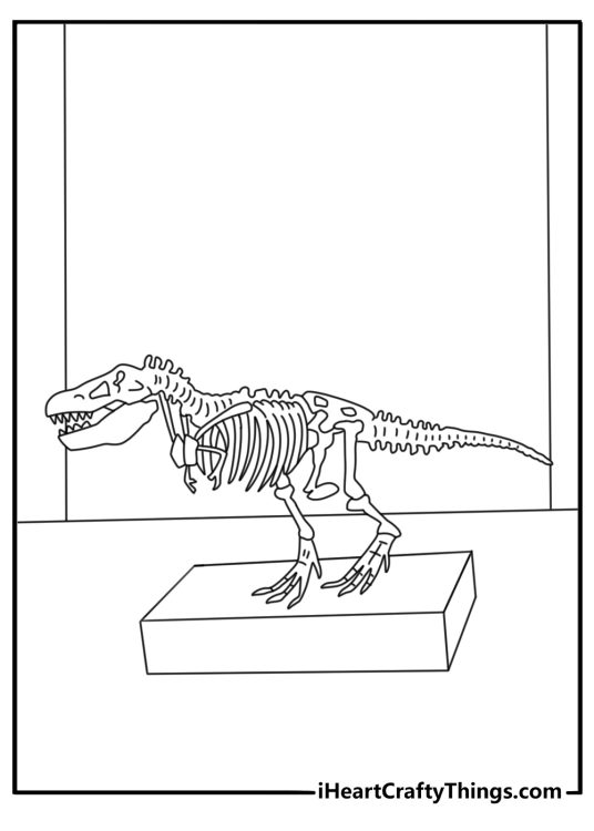 t rex skeleton coloring page with full fossil bones in a museum hall