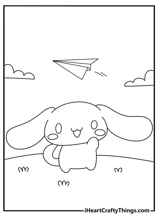 tiny paper airplane flies above cinnamoroll in this fun printable for kids