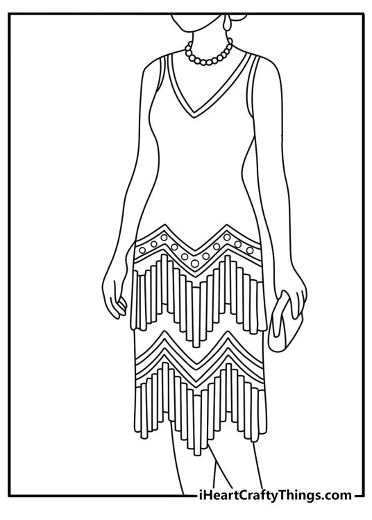 vintage flapper dress with long fringe makes this detailed fashion coloring sheet