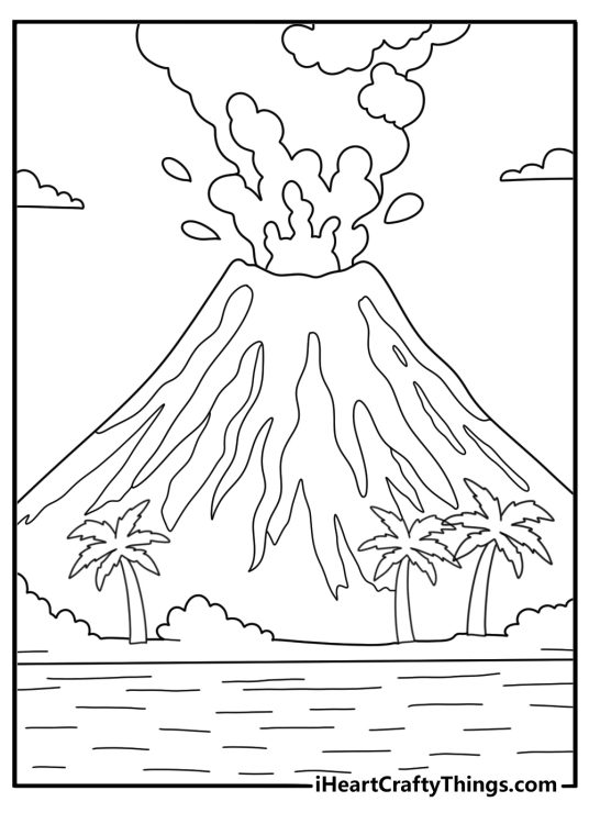 volcanic island coloring sheet ocean waves around a single cone easy printable