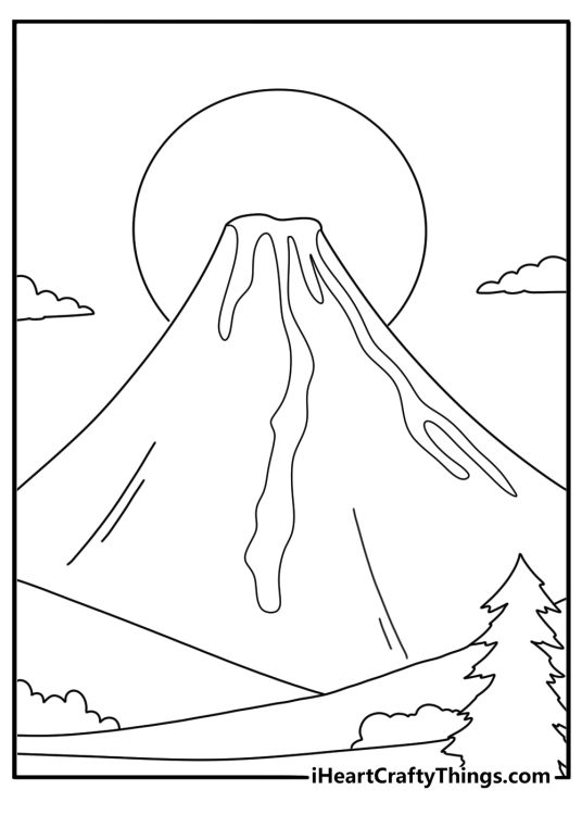 volcano at sunrise coloring sheet silhouette of a cone with the sun behind the peak download