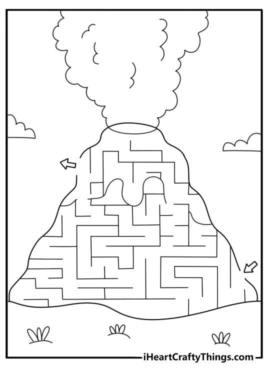 volcano maze coloring page simple path around a cone fun activity sheet pdf