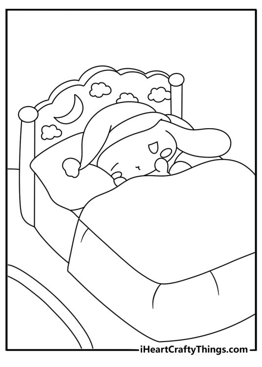 warm blanket covers cinnamoroll as he naps in a little bed