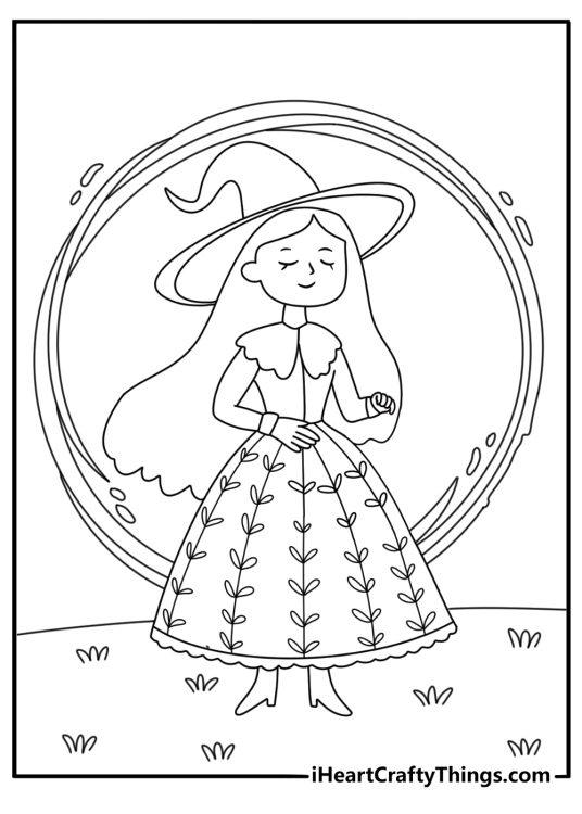 A glowing magic circle appears beneath a witch in this detailed coloring page