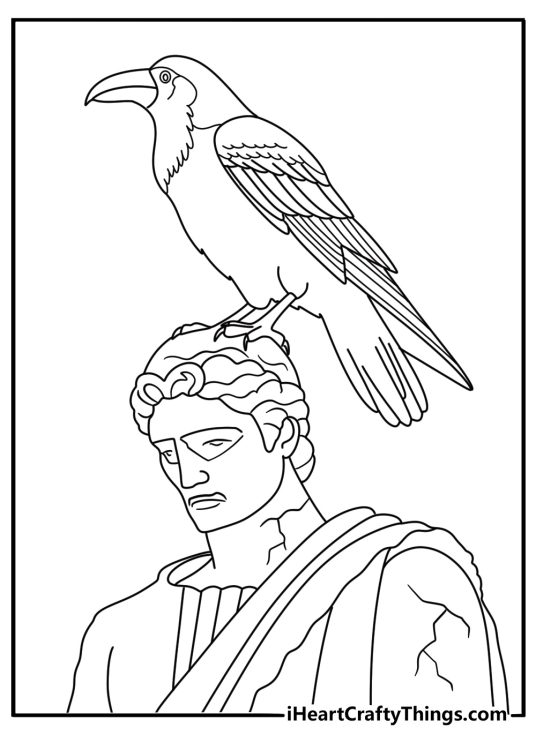 A raven perched on a stone statue fills this gothic coloring sheet