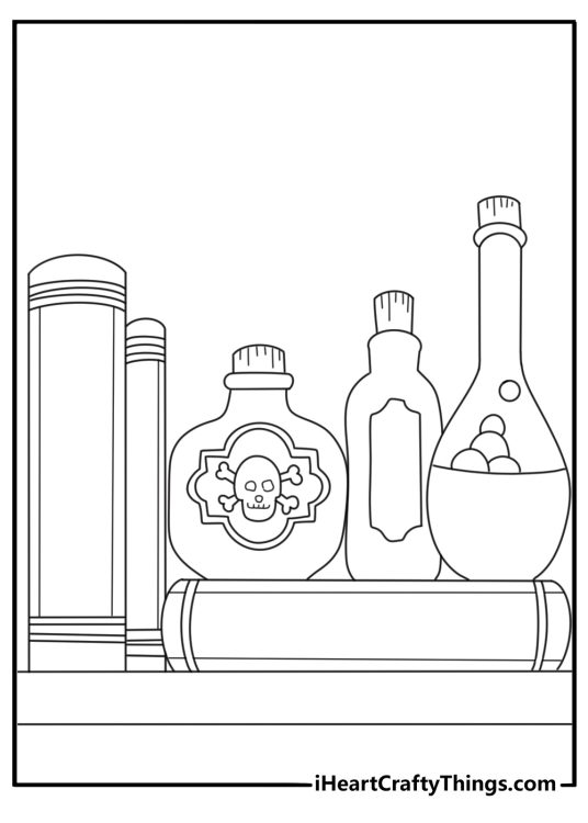 A row of potion bottles surrounds an old Nevermore school book