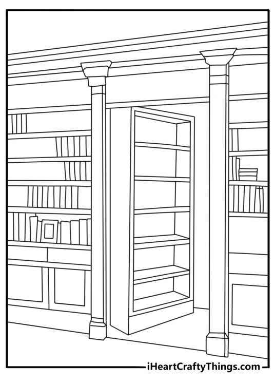 A secret passage opens behind a bookshelf in this spooky coloring sheet