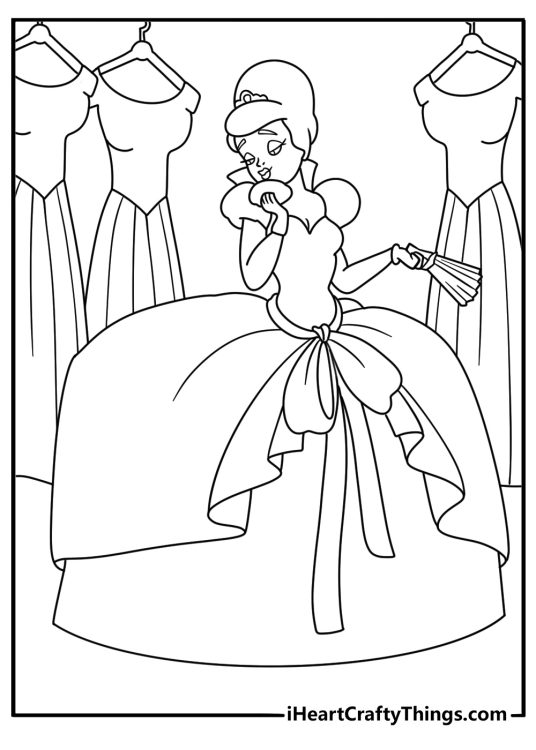 A simple coloring sheet shows Charlotte La Bouff choosing a princess dress