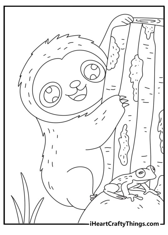 A sloth watches a tree frog from a mossy trunk in this free coloring page