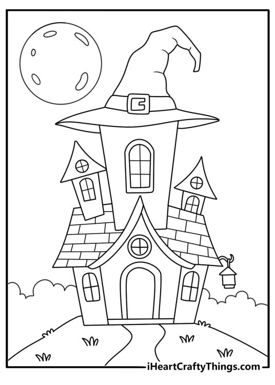 A tall witch tower under the full moon fills this detailed coloring page