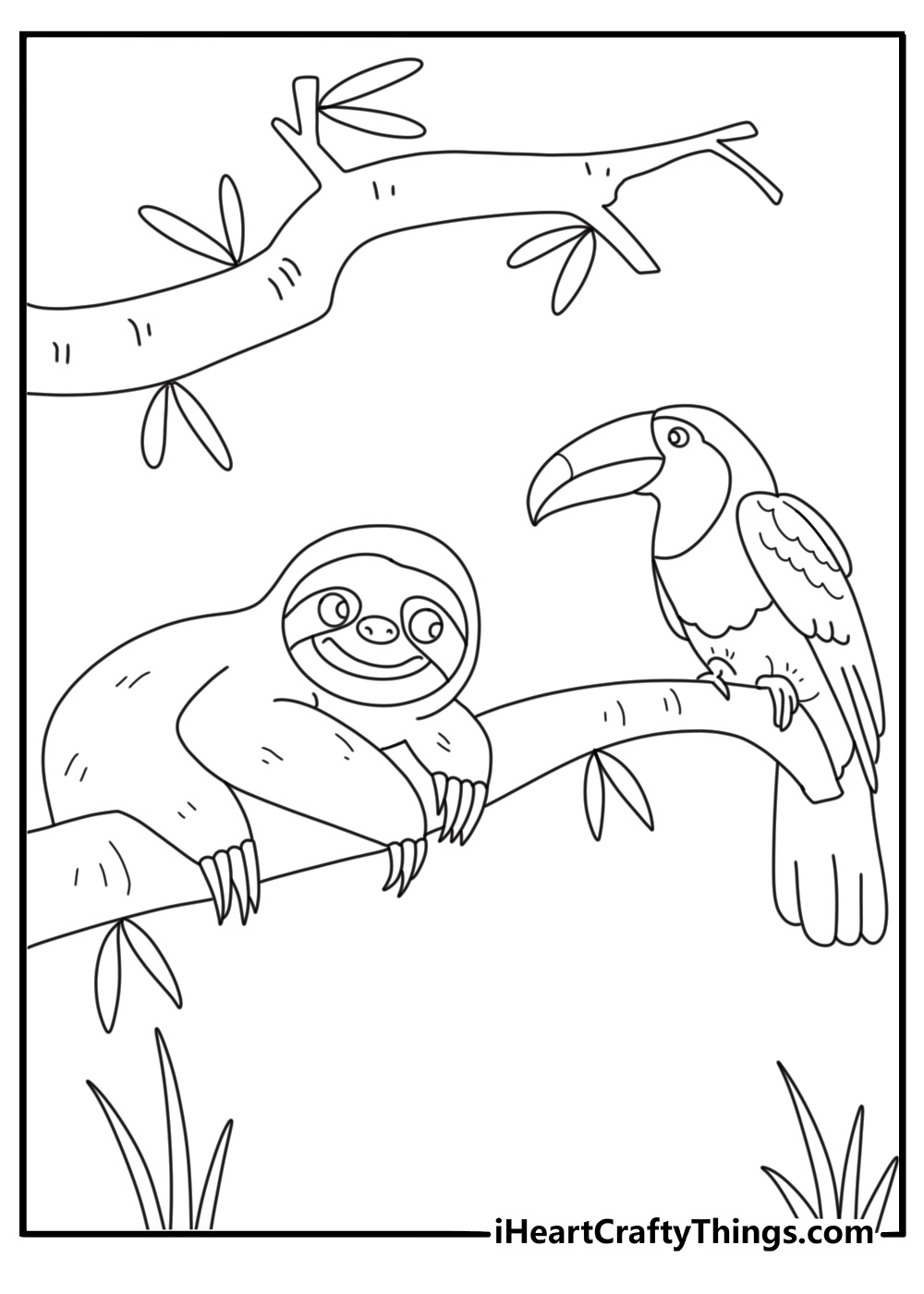 A toucan sits close to a sloth in this simple jungle coloring page