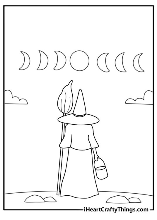 A witch studies moon phases beneath the night sky in this coloring page