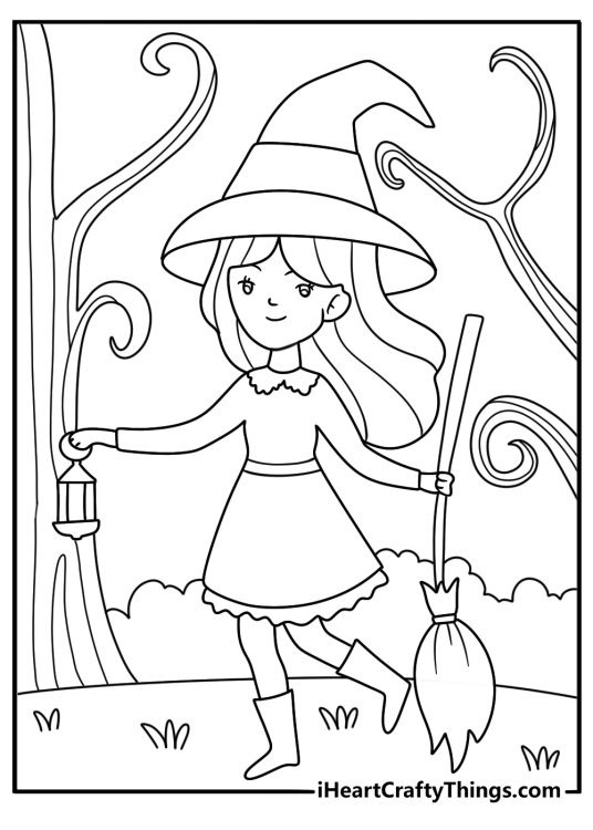 A witch walks through an enchanted forest filled with twisted trees