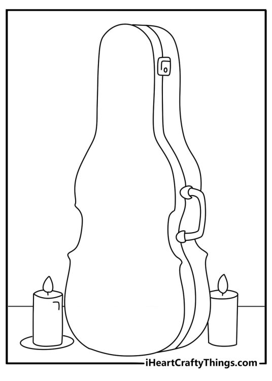 An old cello case beside black candles makes a simple coloring printable