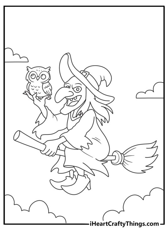 An owl sits beside a young witch in this simple Halloween coloring sheet
