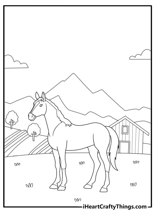 Black and white printable page to color featuring realistic horse on a farm setting