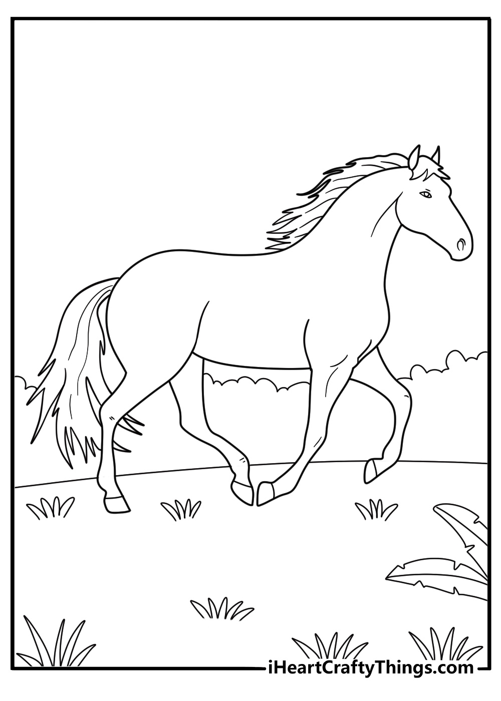 Black and white printable picture featuring realistic horse surrounded by nature