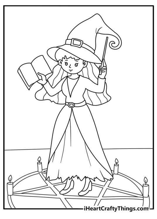 Candles surround a witch casting a spell in this dark fantasy printable