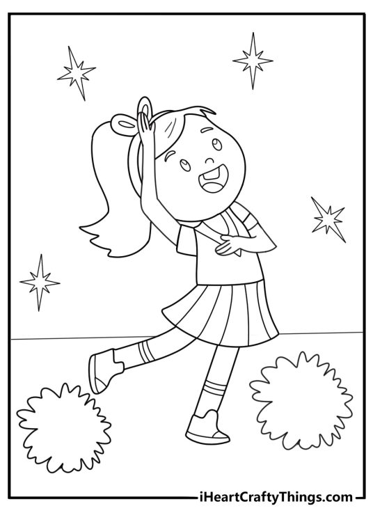 Cheerleader arranging hair bow and uniform kawaii coloring page for kids printable