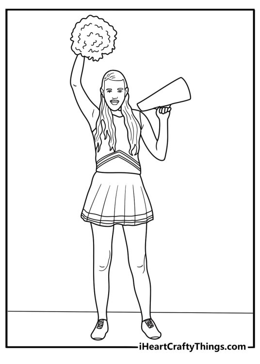 Cheerleader cleaning a megaphone equipment care coloring sheet for kids to print