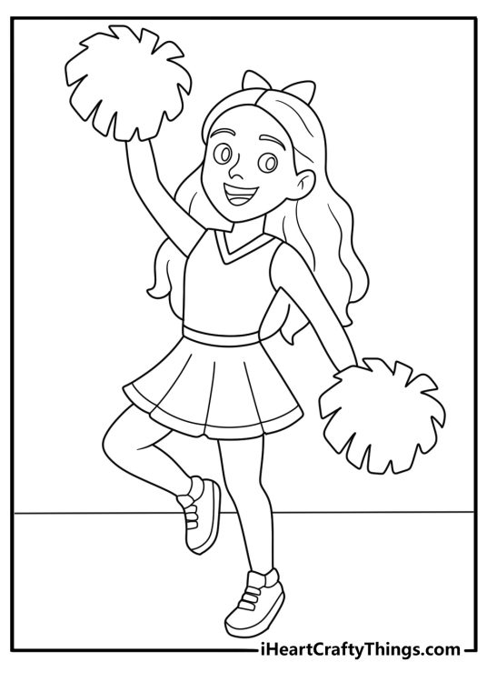 Cheerleader counting beats with a coach clipboard practice scene coloring page for kids