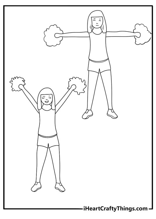 Cheerleader doing T and V arm motions instruction style coloring page for kids learn and color