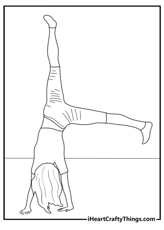 Cheerleader doing a cartwheel on practice mats fun coloring page printable pdf