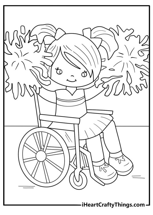 Cheerleader in a wheelchair adaptive cheer practice inclusive coloring page for all ages pdf