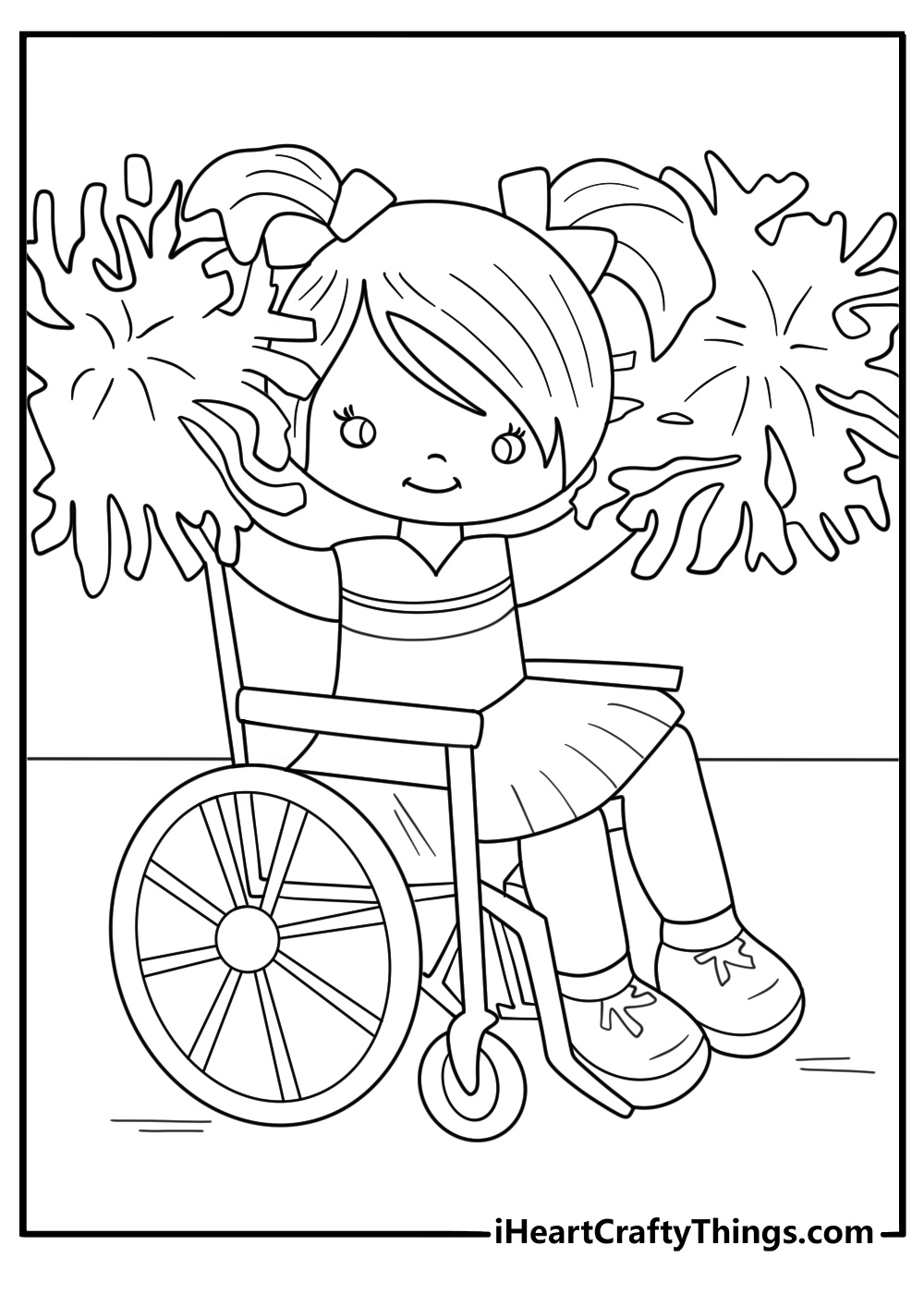Cheerleader in a wheelchair adaptive cheer practice inclusive coloring page for all ages pdf
