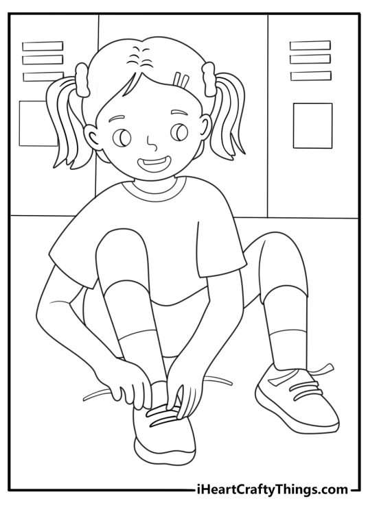 Cheerleader lacing up sneakers detailed coloring page for adults pdf